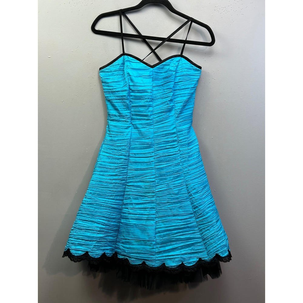 Jessica McClintock Gunne Sax Dress Womens 5 Blue Black Pleats Lace Trim Prom 80s